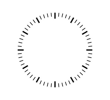 Boş mekanik saat yüzü saniyelere ve dakikalara bölünmüş. Yuvarlak ölçü. Saatli arama. Zamanlayıcı şablonu. Basit saat suratı. Beyaz arkaplanda vektör illüstrasyonu.