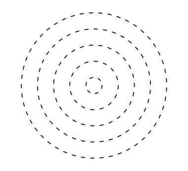 Parçalanmış eşmerkezli daire simgesi. Siyah ve beyaz kırık dairesel halkalar. Ses dalgası, radar, hedef. Noktalı yuvarlak çizgiler. Soyut monokrom grafiği. Vektör illüstrasyonu beyaz arkaplanda izole edildi.
