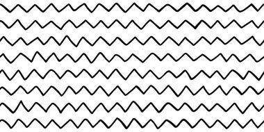 Doodle zig zag kusursuz desen. Soyut siyah yatay el, zigzag çizgileri çiziyor. Geometrik tekrarlayan çizgiler. Dalgalı kumaş dokusu. Beyaz arkaplanda vektör illüstrasyonu.