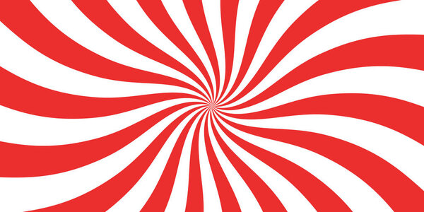 Christmas candy swirl background. Christmas candycane radial pattern with red stripes. Xmas swirl lollipop vortex texture. Peppermint traditional caramel print. Vector illustration.