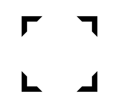 Kamera çerçevesi görüntüleyici ekran simgesi. Fotoğraf odaklama simgesi. Resim sembolü için siyah kare köşe. Yakalama işareti. Vektör illüstrasyonu beyaz arkaplanda izole edildi.