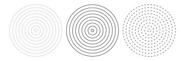 Parçalanmış eşmerkezli daire simgesi. Siyah ve beyaz kırık dairesel halkalar. Ses dalgası, radar, hedef. Noktalı yuvarlak çizgiler. Soyut monokrom grafiği. Vektör illüstrasyonu beyaz arkaplanda izole edildi.