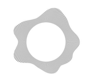 Radyal dalga ses hatları. Dairesel çerçeve. Ses çemberi halkası. Dalgalı yuvarlak çerçeve. Radyal ışınlar sembolü. Dalgalı geometrik tasarım elementi. Eşitleyiciler, radyal spektrum. Beyaz arkaplanda vektör illüstrasyonu.
