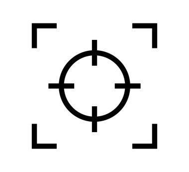 Kamera çerçevesi görüntüleyici ekran simgesi. Simgeye odaklan. Resim sembolü için siyah kare köşe. Fotoğraf hedef işareti. Vektör illüstrasyonu beyaz arkaplanda izole edildi.