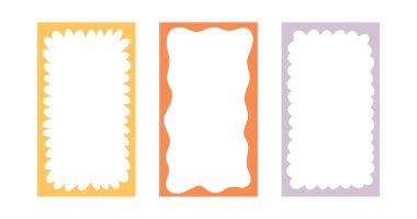 Hippi tarzında harika saykodelik çerçeveler. Psikedelik retro sınır. Garip metin kutusu arkaplanı. Pop vintage harika dikdörtgen çerçeve. Vektör çizimi. Sosyal medya hikayesi ve paylaşımı için tasarım ögesi.