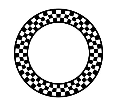 Damalı daire çerçevesi. Damalı geometrik desenli bir çerçeve. Siyah beyaz kare desenli yuvarlak satranç sınırı. Yuvarlak yarış çerçevesi. Beyaz arkaplanda vektör illüstrasyonu.