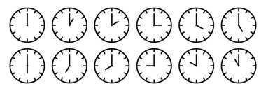 Saatin elleri simgesi. Her saat için zaman işareti. Kronometre, saat ayarlı. Akşam, sabah ve öğle saatleri. Basit saat simgeleri. Vektör illüstrasyonu beyaz arkaplanda izole edildi.