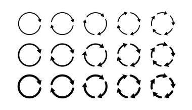Çember ok simgeleri ayarlandı. İnce ve kalın doldur, yeniden başlat, geri dönüştür ve sembolü tekrarla. Bir, iki, üç, dört, beş ok döngü içinde. Tekrar simgesini yuvarla. Vektör illüstrasyonu beyaz arkaplanda izole edildi.