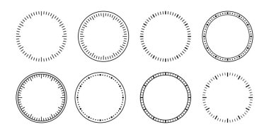 Boş mekanik saat yüzü saniyelere ve dakikalara bölünmüş. Yuvarlak ölçü. Saatli arama. Zamanlayıcı şablonu. Basit saat suratı. Beyaz arkaplanda vektör illüstrasyonu.