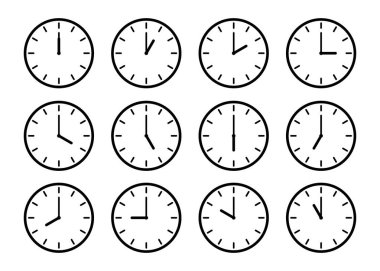 Saatin elleri simgesi. Her saat için zaman işareti. Kronometre, saat ayarlı. Akşam, sabah ve öğle saatleri. Basit saat simgeleri. Vektör illüstrasyonu beyaz arkaplanda izole edildi.