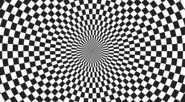 Psikedelik kontrollü daire arkaplanı. Dama kalıplı yuvarlak arkaplan. Chequer psychedelic mozaiği. Satranç optik dokusu. Beyaz arkaplanda vektör illüstrasyonu.