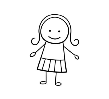 Komik karalama kızı. Mutlu karalama çocuk. Komik çocuk. El çizimi kız. Beyaz arkaplanda izole edilmiş el çizimi biçimindeki vektör illüstrasyonu.