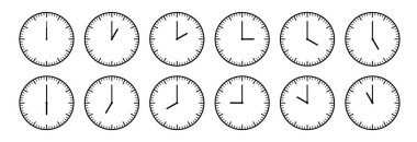 Saatin elleri simgesi. Her saat için zaman işareti. Kronometre, saat ayarlı. Akşam, sabah ve öğle saatleri. Basit saat simgeleri. Vektör illüstrasyonu beyaz arkaplanda izole edildi.