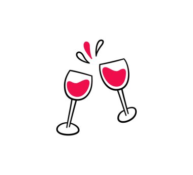 Karalama tarzında kadeh tokuşturalım. Kırmızı şarap sıçrıyor. İki şarap bardağı. Kutlama tostu. El çizimi elemanı. Beyaz arkaplanda karalama biçiminde vektör illüstrasyonu.