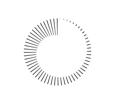 Çember geri sayım simgesi. Saat sembolü. Zamanlayıcı ölçüsü. Çizgi ve nokta tasarım elemanı. Saat ve dakika ikonu. Aralık sembolü. Vektör illüstrasyonu beyaz arkaplanda izole edildi.