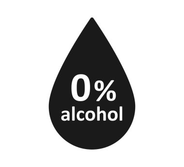 Alcohol free icon. Dont contain alcohol symbol. Zero percent tag. Drop symbol. Health cosmetic product. 0 percent icon. Design infographic element. Vector illustration isolated on white background.