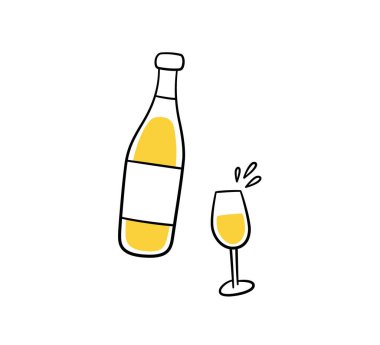 Wine bottle and glass. White vine bottle and wineglass. Hand drawn line elements. Champagne splashes. Vector illustration in doodle style on white background.