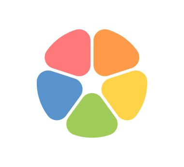 Daire bölümü bilgi simgesi. Pasta grafiği beş eşit parçayı böldü. Yuvarlak köşeli sektörler. Renkli, çiçekli yuvarlak diyagram. Vektör illüstrasyonu beyaz arkaplanda izole edildi.