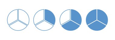 Daire bölümü bilgi yükleme simgesi. Pasta grafiği 3 eşit parçayı böldü. Pizza mı çörek yuvarlak diyagramı mı? Dairesel fraksiyon bilgisi. Vektör illüstrasyonu beyaz arkaplanda izole edildi.
