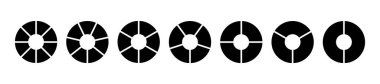 Daire bölümü bilgi simgesi seti. Turta grafiği 6,7,8 eşit parçayı böldü. Halka ya da çörek yuvarlak diyagramı. Infographic tekerlek bölümü ve kesir. Vektör illüstrasyonu beyaz arkaplanda izole edildi.