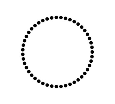 Noktalı daire simgesi. Noktalı yuvarlak çizgiler. Yüzük çerçevesi tasarla. Geometrik monokrom şekil. Desen çemberi. Vektör illüstrasyonu beyaz arkaplanda izole edildi.