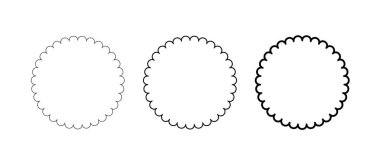 Çember şeklinde istiridyeli çerçeve. Kenarları kıvrımlı, yuvarlak kenarlı. Basit etiket ve etiket formu. Çiçekli siluet dantel çerçeve. Vektör illüstrasyonu beyaz arkaplanda izole edildi.