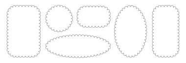 Çember ve kare dilimlenmiş çerçeveler. Uçsuz bucaksız dikdörtgen ve elips şekilleri. Basit etiket ve etiket formu. Çiçekli siluet dantel çerçeve. Vektör illüstrasyonu beyaz arkaplanda izole edildi.