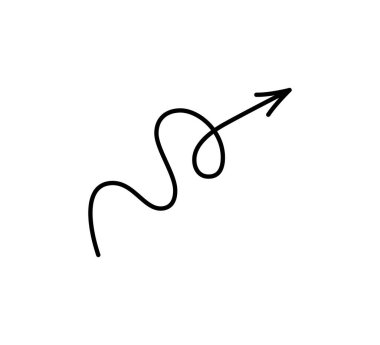 Spiral el çizilmiş ok. Kıvrımlı çizgi kara oku karalıyor. Komik tasarım bilgi ögesi. Spiral yay işaretçisi. Vektör illüstrasyonu beyaz arkaplanda izole edildi.