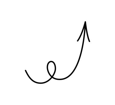 Spiral el çizilmiş ok. Kıvrımlı çizgi kara oku karalıyor. Komik tasarım bilgi ögesi. Spiral yay işaretçisi. Vektör illüstrasyonu beyaz arkaplanda izole edildi.