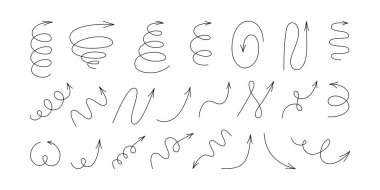 Spiral el çizilmiş oklar hazır. Kıvırcık çizgi siyah okları karalıyor. Komik tasarım bilgi elementleri. Spiral yay ve zig zag işaretçisi. Beyaz arkaplanda izole edilmiş vektör çizimleri.