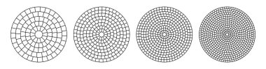 Çember şeklinde bir döşeme. Dairesel tuğla mozaiği. Yuvarlak radyal taş kaldırım. Kiremit döşeme dokusu. Siyah çizgi. Vektör illüstrasyonu beyaz arkaplanda izole edildi.