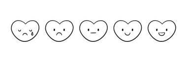Sevimli karalama kalp yüz ikonu seti. Gülümse, üzgün ve ağla. Kawaii emojisine bayılırım. El çizimi romantik ifade. İfade şekli. İyi ve kötü ruh hali. Vektör illüstrasyonu beyaz arkaplanda izole edildi.