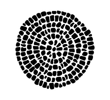 Antik taş dairesel mozaik desen. Dekoratif Yunan antik taş süsü. Yuvarlak döşeme döşemesi. Soyut tuğla mozaik doku. Vektör illüstrasyonu beyaz arkaplanda izole edildi.