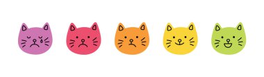 Şirin kedi surat ikonu seti. Gülümse, üzgün ve ağla kedi. Kitty Kawaii emojisi. El çizimi hayvan ifadesi. İfade kedicik kafası. İyi ve kötü ruh hali. Vektör illüstrasyonu beyaz arkaplanda izole edildi.