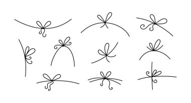 Doodle hediye seti. Yuvarlak elle çizilmiş ince kurdele simgeleri. Çizim çizgisi bayram hediye paketi yayları. Noel ya da doğum günü tasarım elementleri. Vektör illüstrasyonu beyaz arkaplanda izole edildi.