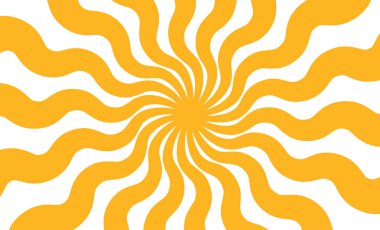 Sarı güneş ışınları arka planı. Dalgalı ışınlar moda. Soyut güneş patlaması posteri. Psikedelik doku. 70 'ler, 80' ler tasarımı. Radyal dalga çizgileri. Vektör illüstrasyonu beyaz arkaplanda izole edildi.