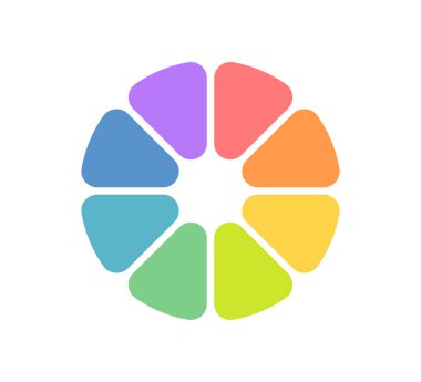 Daire bölümü bilgi simgesi. Pasta grafiği sekiz eşit parçayı böldü. Yuvarlak köşeli 8 sektör. Renkli, çiçekli yuvarlak diyagram. Vektör illüstrasyonu beyaz arkaplanda izole edildi.