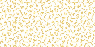 Makarna kusursuz desen. İtalyan spagetti arka planı. Sarı Japon ramen tasarımı. Çin eriştesi deseni. Dalgalı çizgi deseni. Elle çizilmiş yiyecek bongu. Vektör illüstrasyonu beyaz arkaplanda izole edildi.