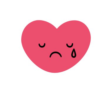 Sevimli karalama ağlayan kalp yüz ikonu. Üzgün, ağlayan bir kalp. Kawaii emojisine bayılırım. El çizimi romantik ifade. İfade aşkı şekli. Kötü ruh hali. Vektör illüstrasyonu beyaz arkaplanda izole edildi.