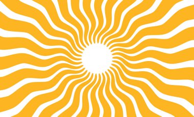 Sarı güneş ışınları arka planı. Dalgalı ışınlar moda. Soyut güneş patlaması posteri. Psikedelik doku. 70 'ler, 80' ler tasarımı. Radyal dalga çizgileri. Vektör illüstrasyonu beyaz arkaplanda izole edildi.