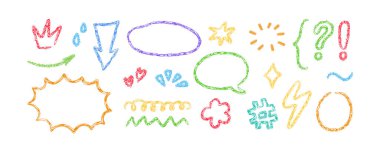 Boya kalemi çizim elementi ayarlandı. El yapımı konuşma baloncukları, yıldız, bulut. Renkli kalem altı, ok, kıvılcım çizimi. Çocuklar tebeşir stili hashtag ve yıldırım karalarlar. Beyaz arkaplanda vektör illüstrasyonu.