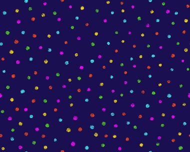 Boya kalemi, noktasız desen. Güzel karalama polkadot dokusu. El çizimi renkli tebeşir karalaması yuvarlak şekil arkaplanı. Yavru çocuklar kusursuz kalıplar. Mavi arkaplanda vektör illüstrasyonu izole edildi.