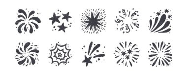 Boya kalemi havai fişek sembolü. El çizimi havai fişek çizimi. Tebeşir büyüsü parlıyor. Pastel boya dokusu yıldız patlaması. Beyaz arkaplanda vektör illüstrasyonu.