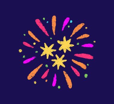 Boya kalemi havai fişek sembolü. El çizimi havai fişek çizimi. Tebeşir rengi sihirli parıltı. Pastel boya dokusu patladı. Beyaz arkaplanda vektör illüstrasyonu.