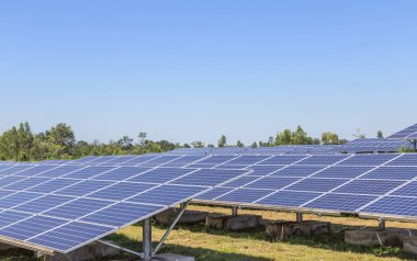 Güneş enerjisi istasyonundaki sıra sıra güneş pilleri veya fotovoltaik 
