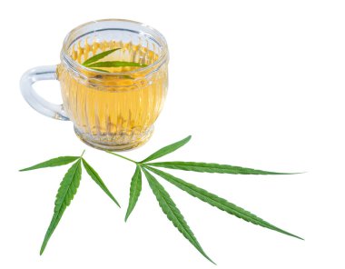   Beyaz arka planda izole edilmiş yeşil kenevir yapraklı kenevir çayı bardağı.. 