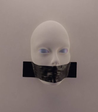 Abstract illustration of human head with taped mouth in the wall