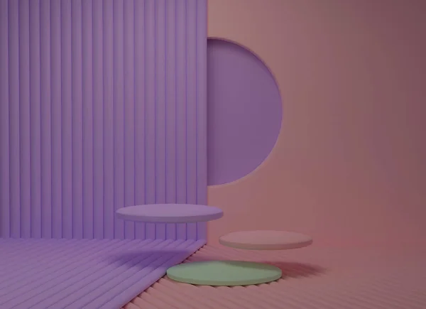 Minimal background for product presentation. 3d mock-up scene of purple, beige-pink and green floating cylinder platforms on beige-pink and purple background. 3d rendering.