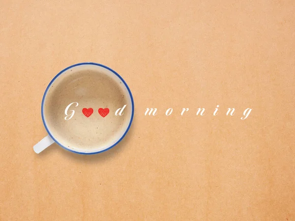 Słowo Dzień Dobry Małym Czerwonym Sercem Filiżance Kawy Brązowym Tle — Zdjęcie stockowe