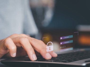  Kullanıcı adı ve parola ile giriş yap. Siber güvenlik, veri koruma konsepti. Klavye dizüstü bilgisayarında giriş ekranını parola doğrulaması ile birlikte göster